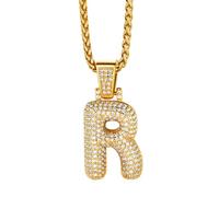 Richsteel Collier Lettre R, Pendentif Initiale Prénom Plaqué Or Lettre R,Bling Brillant Hip Hop Bijoux Alphabet Pendentif Bubble en Strass avec Chaîne Or Réglable 55+5 cm pour Homme Femme