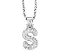 Richsteel Collier Lettre S, Pendentif Initiale Prénom Lettre S,Bling Brillant Hip Hop Bijoux Alphabet Pendentif Bubble en Strass avec Chaîne Réglable 55+5 cm pour Homme Femme