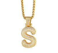 Richsteel Collier Lettre S, Pendentif Initiale Prénom Plaqué Or Lettre S,Bling Brillant Hip Hop Bijoux Alphabet Pendentif Bubble en Strass avec Chaîne Or Réglable 55+5 cm pour Homme Femme
