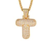 Richsteel Collier Lettre T, Pendentif Initiale Prénom Plaqué Or Lettre T,Bling Brillant Hip Hop Bijoux Alphabet Pendentif Bubble en Strass avec Chaîne Or Réglable 55+5 cm pour Homme Femme