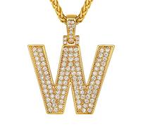 Richsteel Collier Lettre W, Pendentif Initiale Prénom Plaqué Or Lettre W,Bling Brillant Hip Hop Bijoux Alphabet Pendentif en Strass avec Chaîne Or Réglable 55+5 cm pour Homme Femme