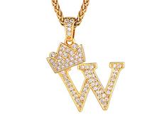 Richsteel Collier Lettre W, Pendentif Initiale Prénom Plaqué Or Lettre W,Bling Brillant Hip Hop Bijoux Alphabet Pendentif Couronne en Strass avec Chaîne Or Réglable 55+5 cm pour Homme Femme
