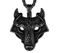 Richsteel Collier Loup Fenrir Noir Acier Inoxydable,Pendentif Viking Tete de Loup Gravé Celtique avec Chaîne Ajustable 55+5cm,Bijoux Protection Nordique pour Hommes,Garçons,Femmes