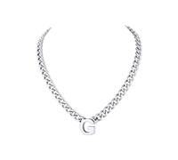 Richsteel Pendentif Lettres Argentées A-Z - Collier Cubain Alphabet Initiales de Prénom, 46 cm de Long + 5 cm Rallonge - Bijoux Saint-Valentin Cadeaux pour Lui/Elle