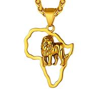 Richsteel Pendentif Lion Carte d'Afrique Plaqué Or,Collier Afrique Doré avec Chaîne Ajustable,Bijoux Fantaisie Cadeau Original pour Femme Homme
