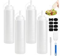 Richunie 4 Pièces Bouteille Sauce 800ml, 27oz Pipette Cuisine, Plastique Squeeze Bottle, Flacon Sauce avec 1 Pinceau de Nettoyage, 1 Stylo et 8 Autocollants pour Ketchup Sauces BBQ Huile D'Olive