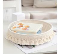 RichVibe Boho Panier de rangement en corde de coton à pompons pour la maison, le maquillage, le linge, les jouets, les couvertures, 27,9 x 27,9 x 7,9 cm, blanc/café