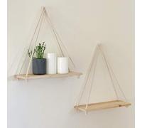 RichVibe Étagère murale suspendue rustique en bois recy vec crochets en corde, décoration bohème, plantes, livres, finition naturelle, pour L 45 x 14 x 0,85 cm