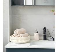 RichVibe Panier bohème à pompons en corde de coton pour le rangement de la maison, le maquillage, le bureau avec design minimaliste, 27,9 x 27,9 x 7,9 cm, blanc/café