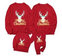 Richymfa Hoodie Famille Noël T-shirt sans capuche col rond sweat de Noël Père Famille d'hiver pull à imprimé renne confortable chemise de Noël ensembles de sweats de Noël couples femmes hommes, rouge