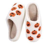 Richymfa Pantoufles d'hiver pour femme à la maison : pantoufles de citrouille Halloween antidérapantes Slip on Slippers Ghost Impression drôle Slide Poilu Doux Pantoufle Unisexe Chaussons d'hiver