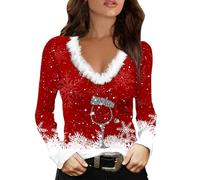 Richymfa Pullover Femme Noël Hiver - Top sans Capuche Élégant en Velours avec Col en V, Manches Longues, Chemise Rouge, Design Père Noël Amusant, Sweatshirt de Noël, L