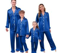 Richymfa Pyjama famille Noël soie douce 2 pièces ouvert devant chemise à manches longues et pantalon assorti à Noël pyjama coordonné couple élégant pour femme homme enfants, bleu, 18-24 mois
