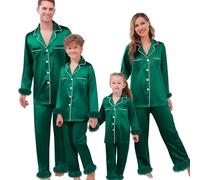 Richymfa Pyjama famille Noël soie douce 2 pièces ouvert devant chemise à manches longues et pantalon assorti à Noël pyjama coordonné couple élégant pour femme homme enfants, Vert et noir., 18-24 mois