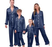 Richymfa Pyjama famille Noël soie douce 2 pièces ouvert devant chemise à manches longues et pantalon assorti à Noël pyjama coordonné couple élégant pour femme homme enfants, De la marine, 18-24 mois