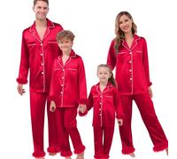Richymfa Pyjama famille Noël soie douce 2 pièces ouvert devant chemise à manches longues et pantalon assorti à Noël pyjama coordonné couple élégant pour femme homme enfants, rouge, 18-24 mois
