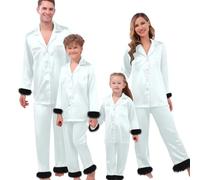 Richymfa Pyjama famille Noël soie douce 2 pièces ouvert devant chemise à manches longues et pantalon assorti à Noël pyjama coordonné couple élégant pour femme homme enfants, Blanc, 18-24 mois