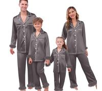 Richymfa Pyjama famille Noël soie douce 2 pièces ouvert devant chemise à manches longues et pantalon assorti à Noël pyjama coordonné couple élégant pour femme homme enfants, gris, 18-24 mois