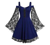Richymfa Robe d'Halloween Femme Gothique Grande Taille Robe de Femme Médiévale avec Lacets Curvy Robe de Cocktail Manches Trompette Robes de Bal Slim Fit Costumes Moyen Âge Victorienne pour Carnaval