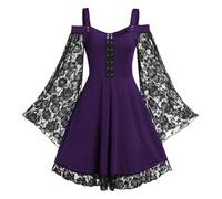 Richymfa Robe Gothique Femme Halloween Élégant - Robe Gothique Médiévale en Dentelle Curvy Robe de Cocktail Manches Dolman Robes de Soirée Slim Fit Costume de Sorcière Vintage pour Halloween