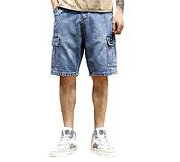 Richymfa Short cargo court de travail en jean pour homme élastique short denim d'été baggy jeans courts avec poches latérales Bermuda shorts décontracté pantalon de danse Hip Hop Skateboard, 03#Bleu