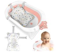 Ricokids Baignoire pour bébé, avec coussin de bain, pliable, légère, antidérapante, blanche, rose