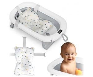 Ricokids Baignoire Bébé Pliable avec Thermomètre et Coussin - Légère et Antidérapante - Blanc-Gris