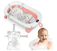 Ricokids Baignoire bébé pliable – Thermomètre, coussin, légère antidérapante – Blanc‑Rose
