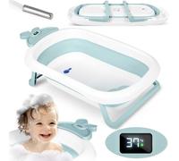 Ricokids Baignoire pliable légère avec thermomètre LCD intégré, pieds antidérapants de la naissance à 6 ans, 0-45 kg, 51 x 10 x 21,5 cm, blanc/bleu