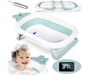 Ricokids Baignoire pliable légère avec thermomètre LCD intégré, pieds antidérapants de la naissance à 6 ans, 0-45 kg, 51 x 10 x 21,5 cm, blanc/bleu
