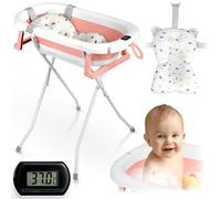 Ricokids Baignoire pour bébé avec support, thermomètre et coussin de bain, pliable, légère et antidérapante, blanc/rose