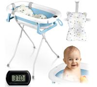 Ricokids Baignoire pour bébé avec support, thermomètre et coussin de bain, pliable, légère et antidérapante, blanche et bleue