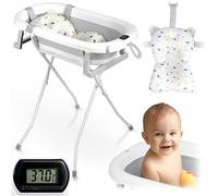 Ricokids Baignoire pour bébé avec support, thermomètre et coussin de bain, pliable, légère et antidérapante, blanche, grise