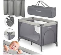 Ricokids Travel Cot Toddler Bed, Portable, Playpen, 125 x 65 x 78 cm, Capacité 15 kg, Pliable, Deux Roues avec Freins, Entrance latérale Amovible, Mat, Mat, Sac Gris Clair