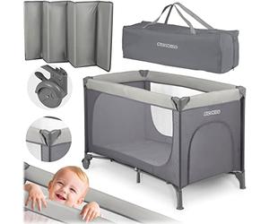 Ricokids Travel Cot Toddler Bed, Portable, Playpen, 125 x 65 x 78 cm, Capacité 15 kg, Pliable, Deux Roues avec Freins, Entrance latérale Amovible, Mat, Mat, Sac Gris Clair