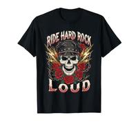 Ride « Hard Rock » Tête de Mort avec Motif de Tonnerre Rose Biker T-Shirt
