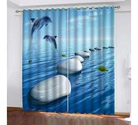 Rideau 3D Motif Vue sur La Mer Bleue des Baleines Lot De 2 Rideau Occultant Thermiques, Chambre Enfant Bebe Fille Salon Design Moderne 280x260Cm Polyester Rideaux Fenetres Occultants Isolant