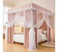 Rideau à baldaquin de lit à 4 Coins de Couleur Unie, Double Couche et moustiquaire à Volants, Filet à 3 Ouvertures pour Filles et Adultes, décoration de Chambre (Marron-2, California King)