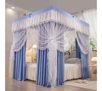 Rideau à baldaquin de lit à 4 Coins de Couleur Unie, Double Couche et moustiquaire à Volants, Filet à 4 Ouvertures pour Filles et Adultes, décoration de Chambre (Bleu, California King)