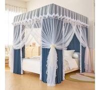 Rideau à baldaquin de lit à 4 Coins de Couleur Unie, Double Couche et moustiquaire à Volants, Filet à 3 Ouvertures pour Filles et Adultes, décoration de Chambre (Bleu-2, California King)