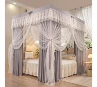 Rideau à baldaquin de lit à 4 Coins de Couleur Unie, Double Couche et moustiquaire à Volants, Filet à 4 Ouvertures pour Filles et Adultes, décoration de Chambre (Gris, King)