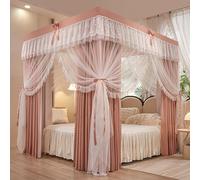 Rideau à baldaquin de lit à 4 Coins de Couleur Unie, Double Couche et moustiquaire à Volants, Filet à 4 Ouvertures pour Filles et Adultes, décoration de Chambre (Rose-Jade, California King)