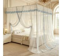 Rideau à baldaquin de lit princesse à volants aux 4 coins for lit Queen/Full, palais romantique, drapé confortable, décoration de chambre à coucher for adultes et filles(Blue,Cal.King/1.8x2.2M)