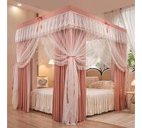 Rideau à baldaquin de lit princesse en dentelle luxueuse à volants aux 4 coins, élégant rideau de lit double couche confortable for rideaux de lit double, queen, king size(Pink,200x220cm/King)