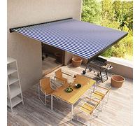 Rideau à benne motorisé 450 x 300 cm bleu et blanc pour extérieur avec tissu polyester imperméable et cadre aluminium résistant, ombragé et rétractable pour terrasse