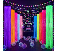 Rideau à franges en feuille de néon fluorescent qui brille dans le noir, avec anneaux de suspension et corde, décoration de fête, anniversaire, mariage, disco, Halloween, fond photo, brille sous la lu