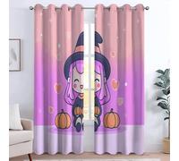 Rideau à Œillets Lot de 2 Panneaux Anti Chaleur rideaux Occultant, 117L x 229H cm Microfibree, Isolant Anti Froid Décoratif Chambre Enfant Adult, Dessin Animé Sorcière Citrouille Amusant Cœur Rose