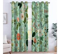 Rideau à Œillets Lot de 2 Panneaux Anti Chaleur rideaux Occultant, 75L x 166H cm Microfibre Imprimée, Isolant Anti Froid Décoratif Chambre Enfant Adult, Plantes Fleurs Nature Fraîcheur Jardin Écologie