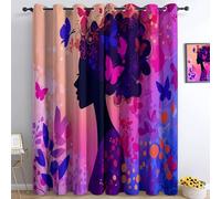 Rideau à Œillets Lot de 2 Panneaux Anti Chaleur rideaux Occultant, 91.5L x 214H cm Microfibre Imprimée, Isolant Anti Froid Décoratif Chambre Enfant Adult, Papillon Fleur Dégradé Femme Violet