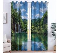 Rideau à Oeillets 2 Panneaux, 91.5L x 214H cm Vert Rideaux Microfibre Imprimé, Douceur d'intérieur Lavable en Machine, Moderne Chambre Cuisine Balcon, Nature Cascades Lacs Parcs Forêts